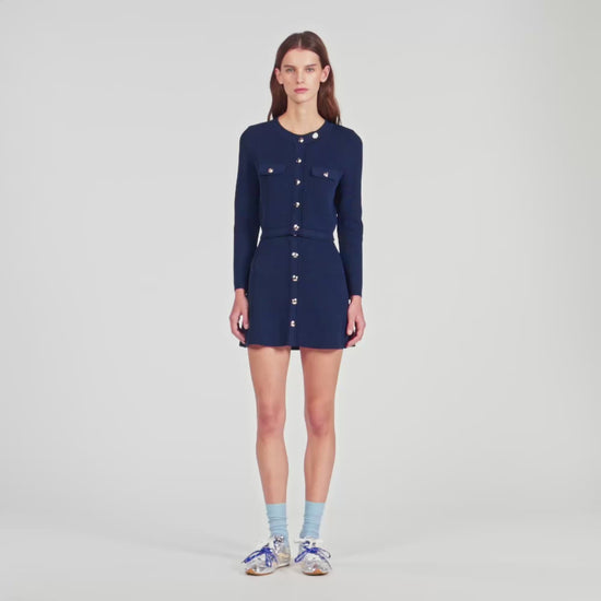 Claudie Cropped Rib Knit Cardigan Navy Blue