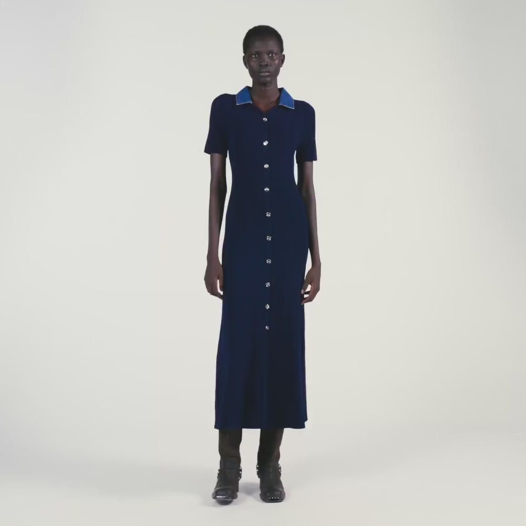 Julietta Denim Collar Knit Maxi Dress Navy Blue