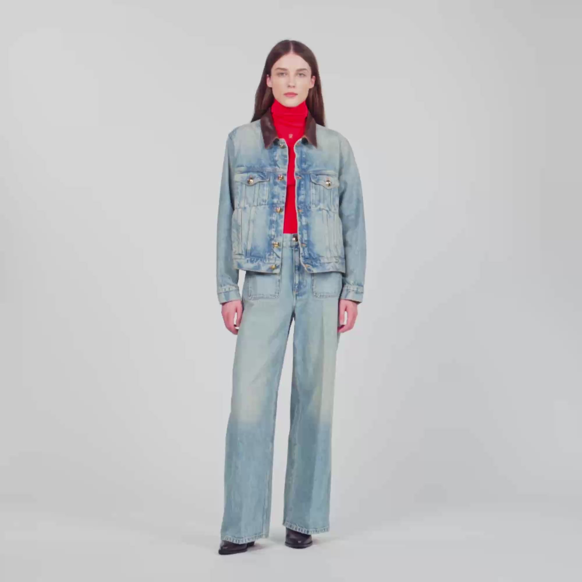 Freja Denim jacket with leather collar Blue Jean