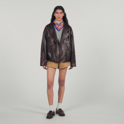 Clem Oversized Leather Jacket Brown