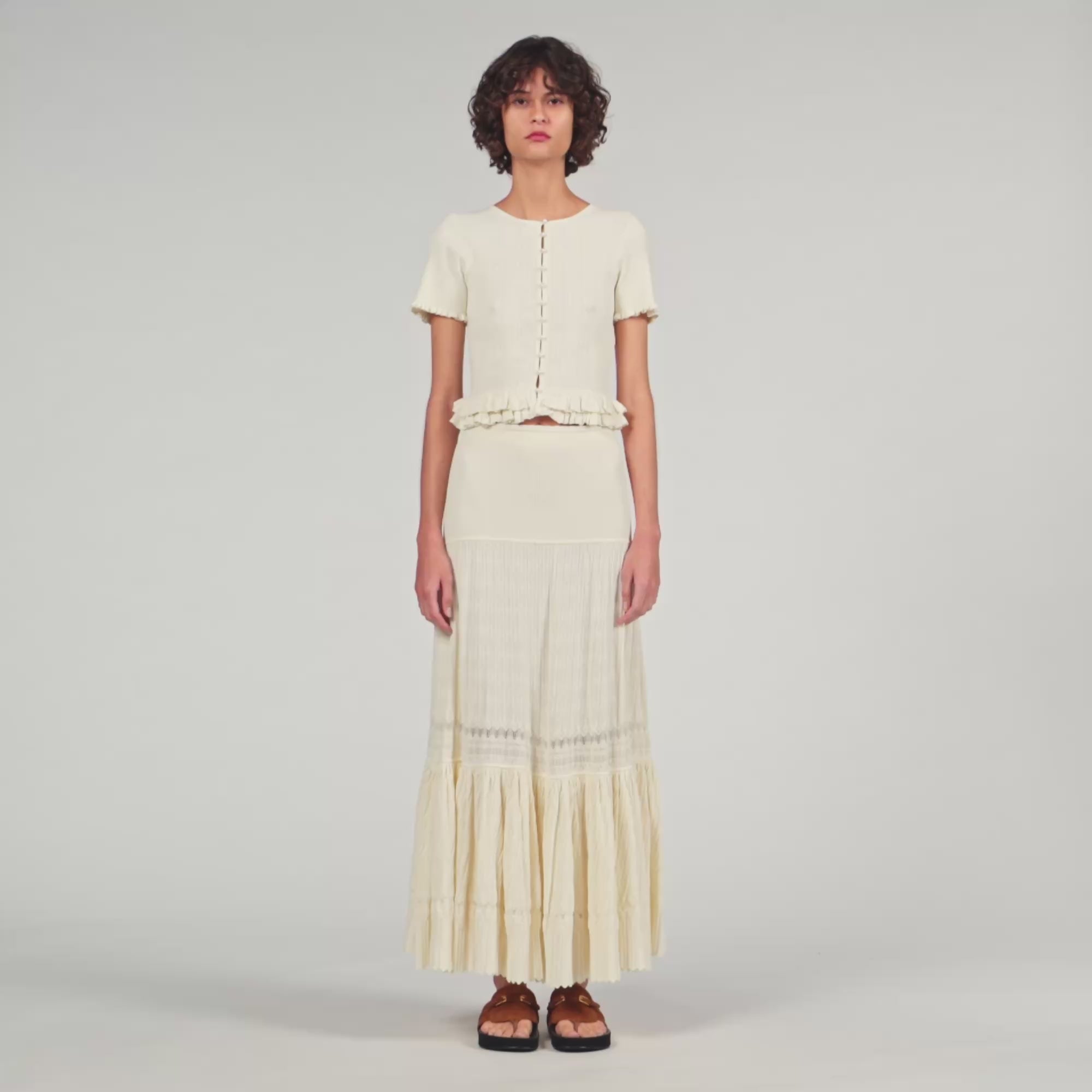 Arianna Ruffled Knit Cardigan Ecru