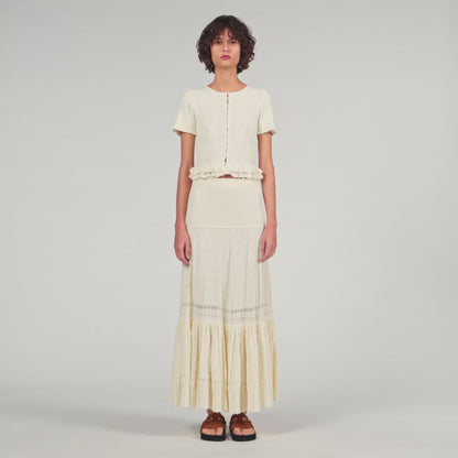 Arianna Ruffled Knit Cardigan Ecru