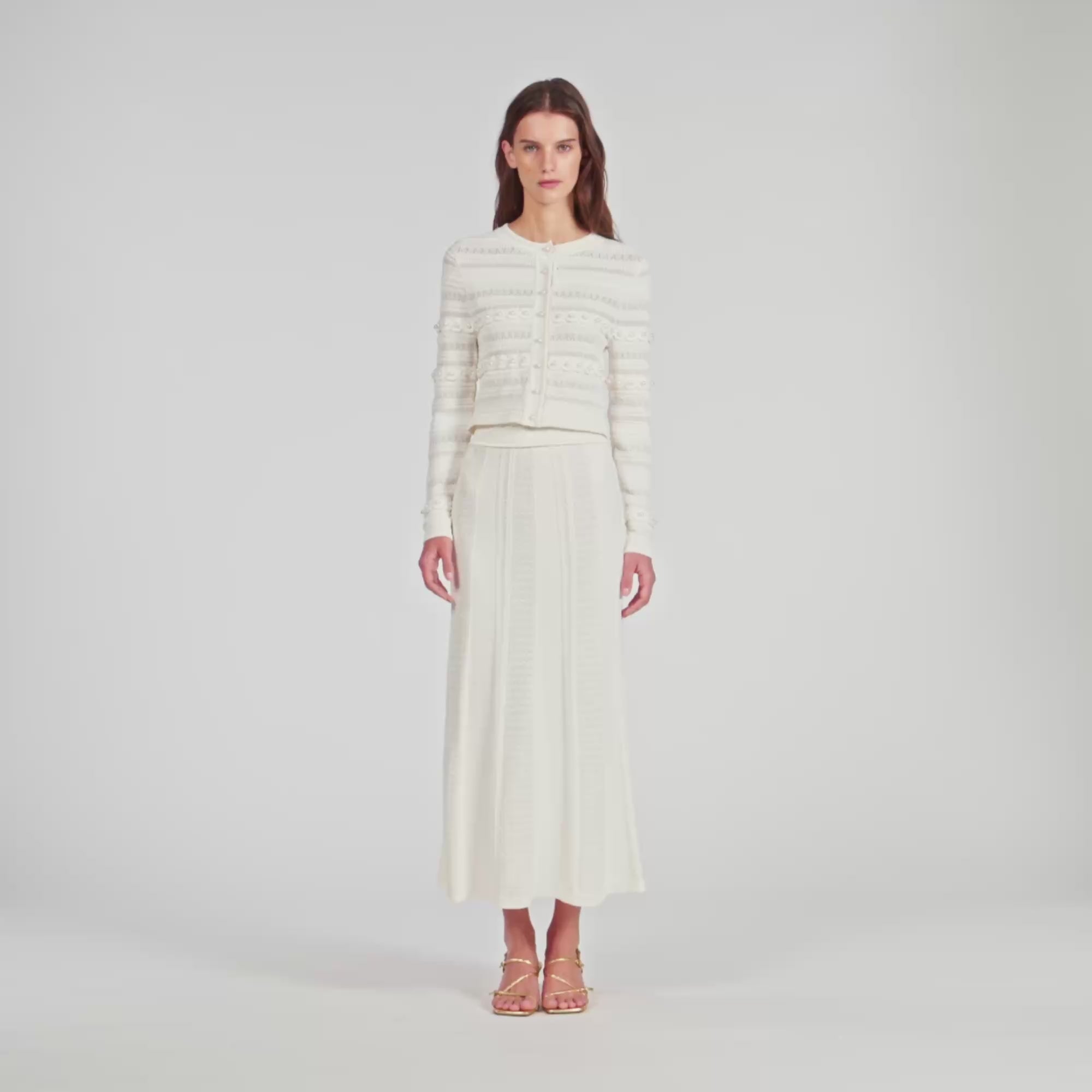 Vanea Beaded Textured Knit Skirt Cream