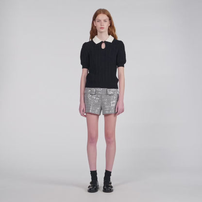 Madine Pearl Collar Cable Knit Jumper Black