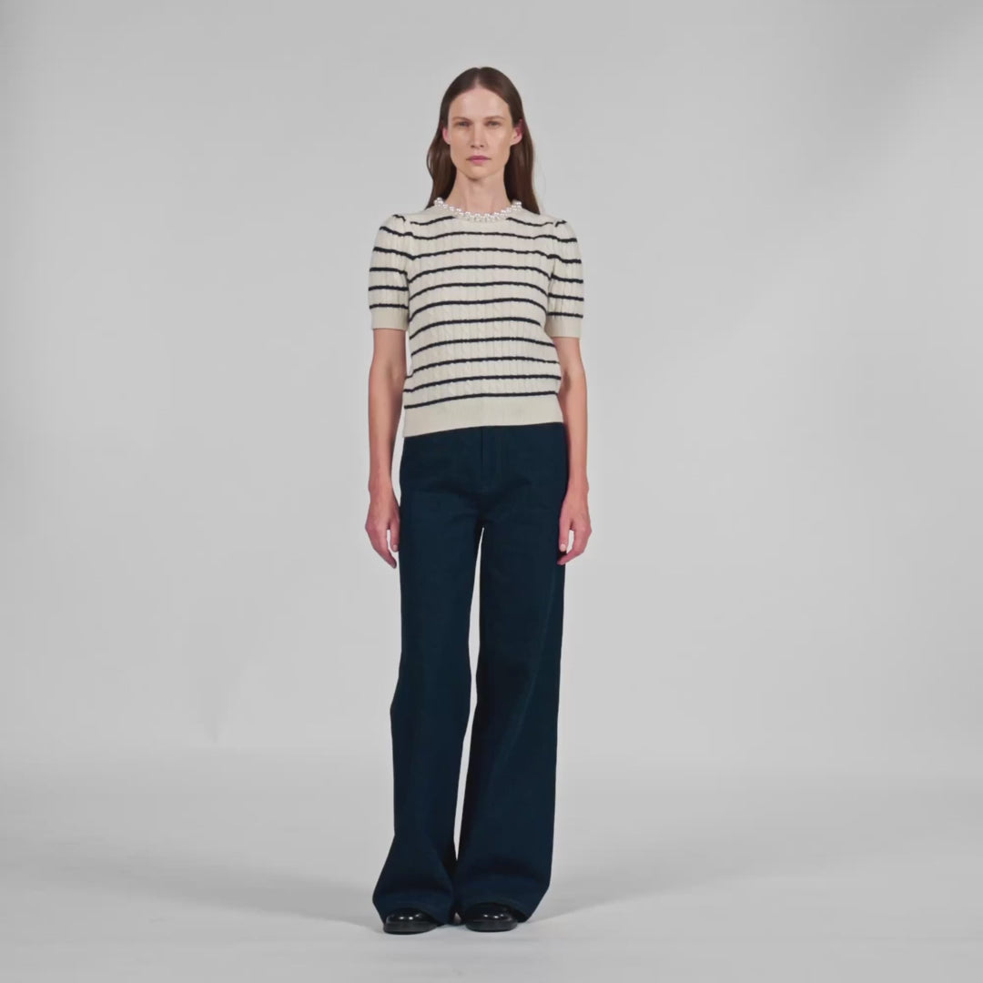 Madie Striped Jumper With Pearl Collar Ecru
