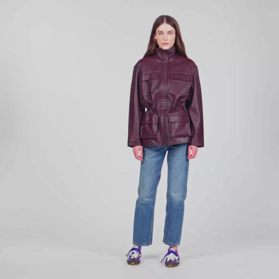 John Oversized leather collar jacket Bordeaux