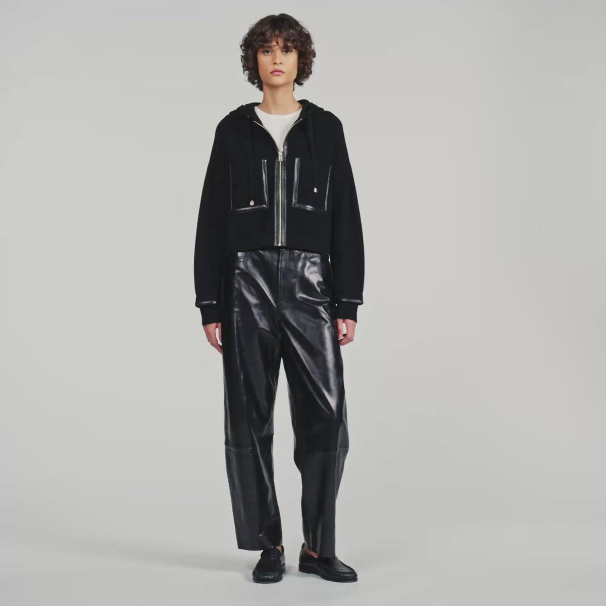 Arlo Hooded cardigan, leather details Black