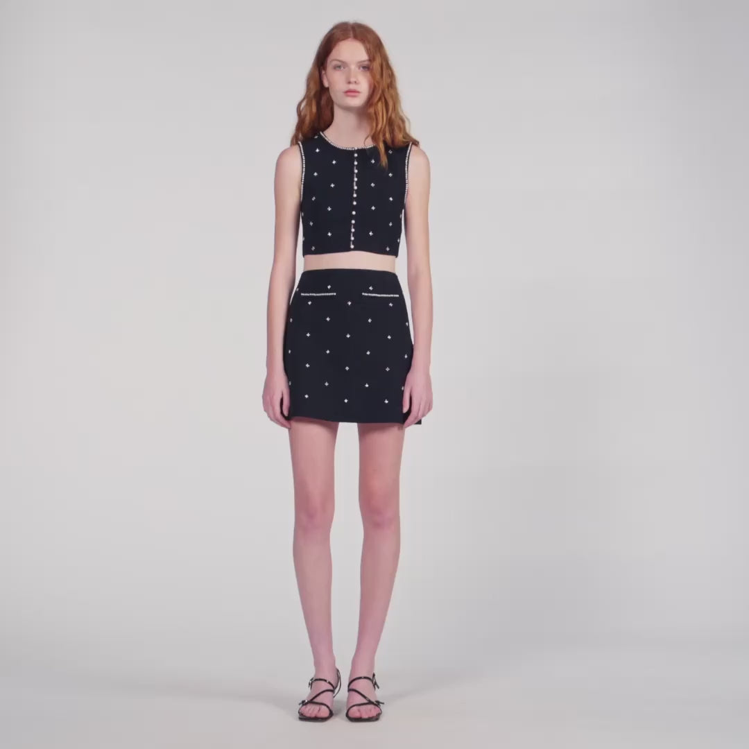 Lydie Rhinestone Embroidered Knit Skirt Black