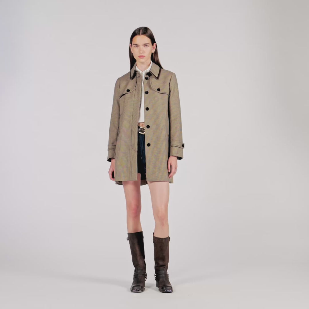 Windsor Houndstooth Trench, Leather Collar Brown / Beige