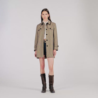 Windsor Houndstooth Trench, Leather Collar Brown / Beige