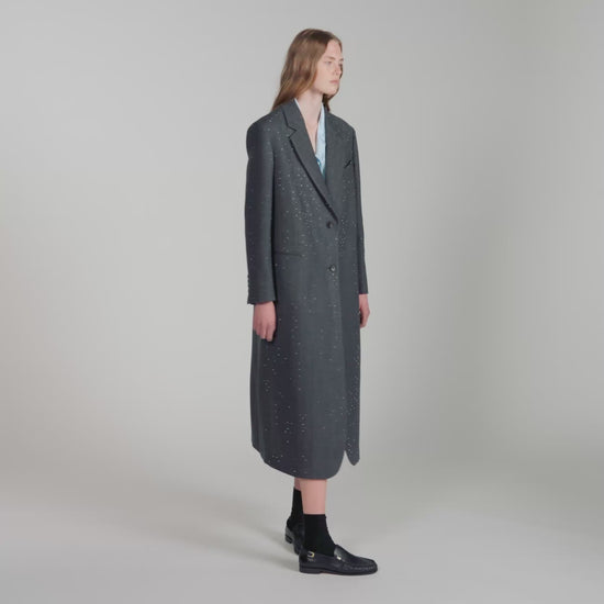 Evan Long Wool Coat With Rhinestones Dark Grey