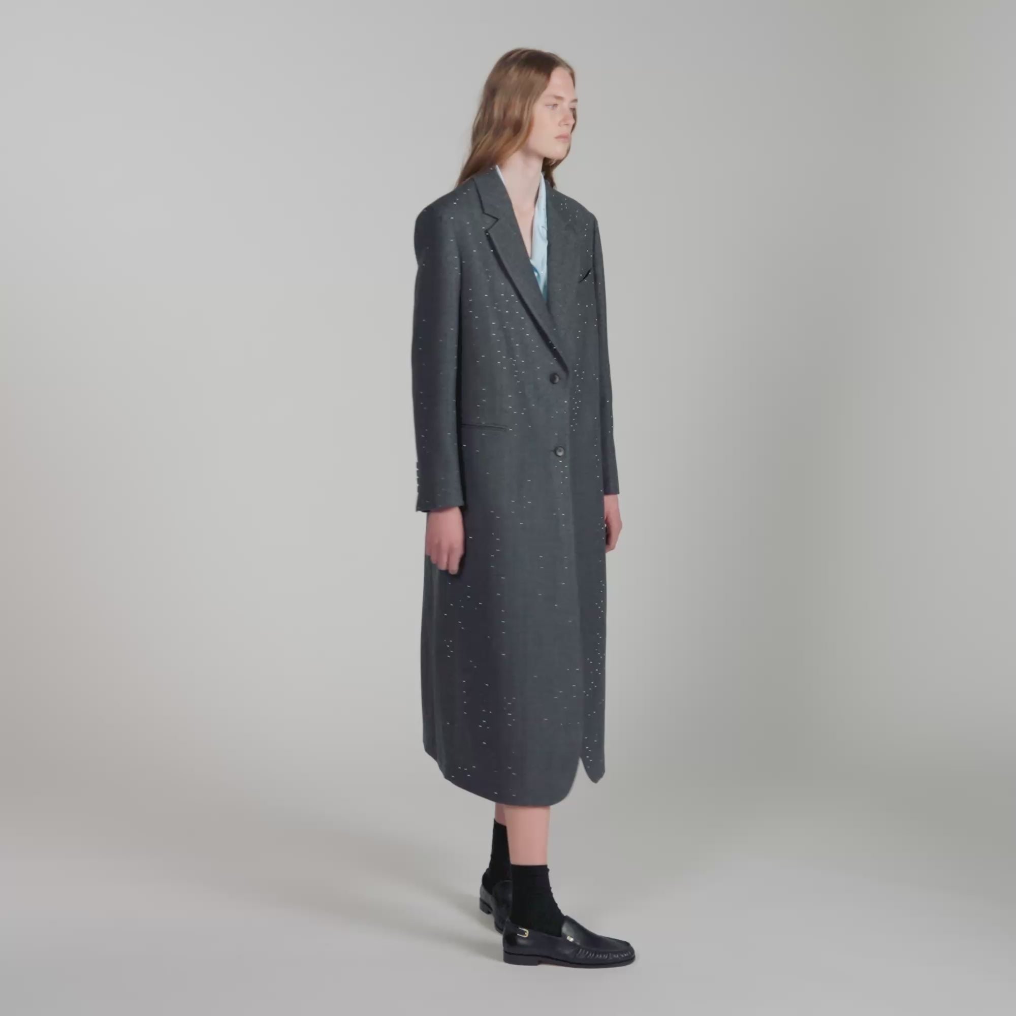 Evan Long Wool Coat With Rhinestones Dark Grey