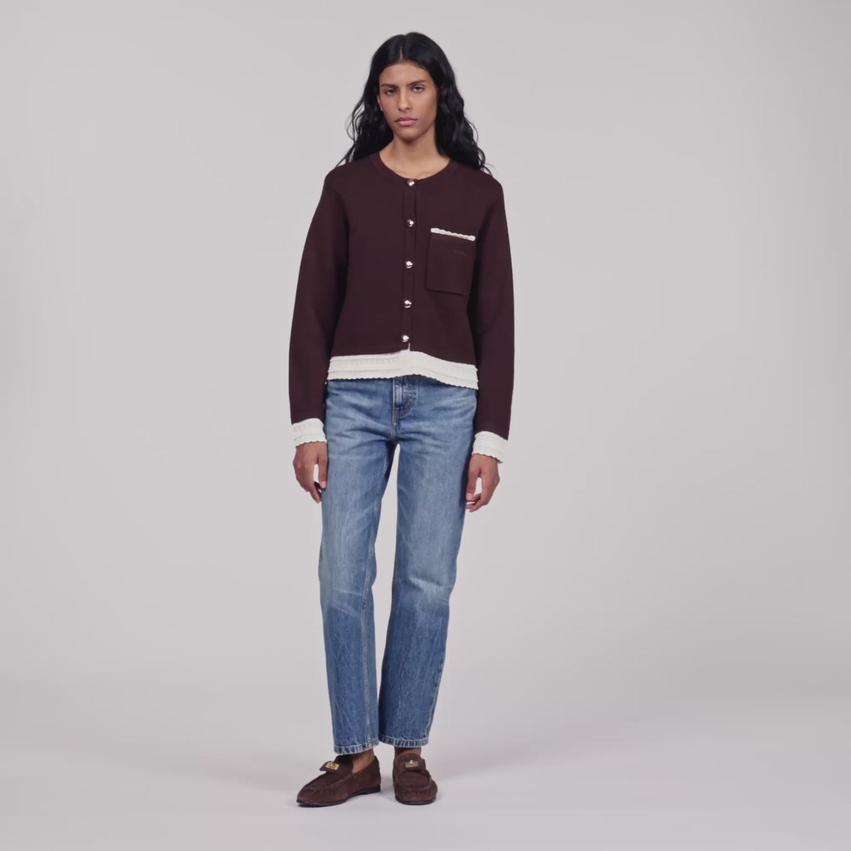 Candide Cardigan with contrast lace Brown
